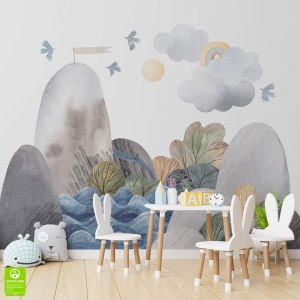 Fototapeta - Akwarelowe góry i morze do pokoju dziecka na wymiar 3D - niebieska szara, styl skandynawski