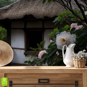 Fototapeta Wiejski dom białe różowe kwiaty do salonu sypialni wiejska sielanka na wymiar styl rustykalny