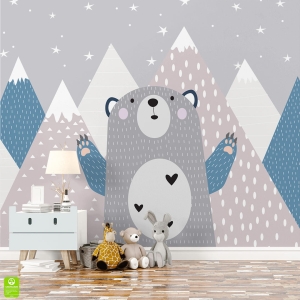 Fototapeta na wymiar do pokoju dziecka: Szary Niedźwiadek i Góry – Pastelowa Sypialnia dla chłopca i dziewczynki, Styl Skandynawski i Boho