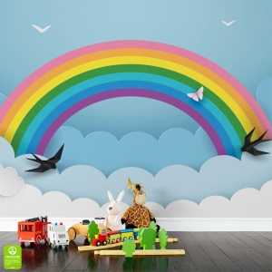 Fototapeta na wymiar do pokoju dziecka: Tęcza i Ptaszki w chmurach – Kolorowa Sypialnia i Salon, Styl Nowoczesny, Niebieska i Pastelowa