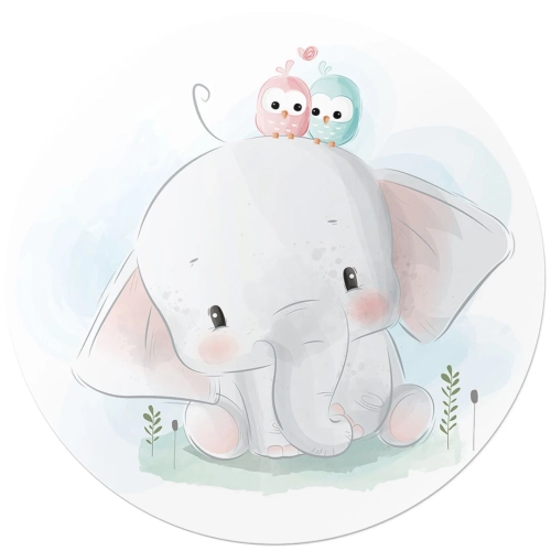fototapeta okragla-urocze-sloniatko-i-ptaszki- przod.webp