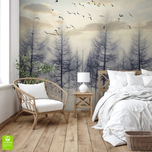 Fototapeta Mglisty las ptaki do sypialni salonu na wymiar, szara beżowa natura styl boho skandynawski