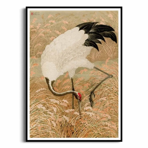 plakat-czarna-ramka-przod-zuraw-indyjski-w-polu-ryzowym.webp