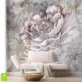 Fototapeta ścienna z dużą piwonią w pastelowych barwach na przetartym tle – dekoracja ściany w salonie lub sypialni.