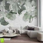 Fototapeta na wymiar „Liściasta zasłona” – zielony motyw roślinny z liśćmi na spękanym tle do salonu, sypialni lub biura