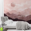 Fototapeta z motywem gór i słońca w pastelowych odcieniach w aranżacji nowoczesnej sypialni – dekoracyjna tapeta ścienna do wnętrz w stylu minimalistycznym