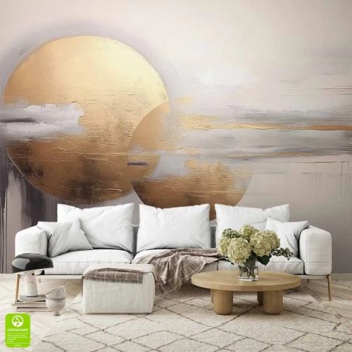 Ekskluzywna fototapeta na ścianę z motywem złotych kręgów 3D w stylu glamour – dekoracja salonu z elegancką aranżacją wnętrza, idealna fototapeta na wymiar do nowoczesnych i luksusowych przestrzeni.
