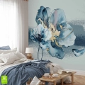 Fototapeta na ścianę z akwarelowym kwiatem w odcieniach błękitu i złota, idealna do sypialni