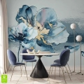 Fototapeta na ścianę z dużym błękitnym kwiatem w stylu akwareli i złotymi detalami – elegancka dekoracja ścienna do salonu lub jadalni, idealna fototapeta na wymiar do wnętrz nowoczesnych i glamour.