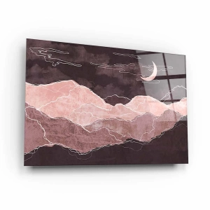 Obraz na szkle akrylowym - Szczyty górskie nocą – artystyczny krajobraz gór z księżycem w odcieniach brązu do salonu, sypialni lub biura