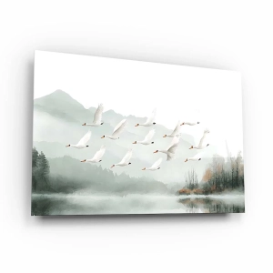 Obraz na szkle akrylowym - Łabędzie nad jeziorem - malowniczy krajobraz z ptakami do salonu, sypialni lub łazienki
