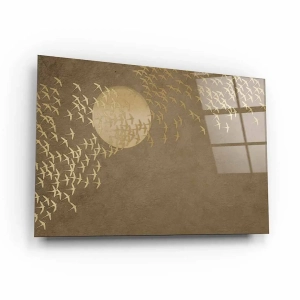 Obraz na szkle akrylowym - W stronę słońca – złote sylwetki ptaków, styl japandi i nowoczesnyi słońce