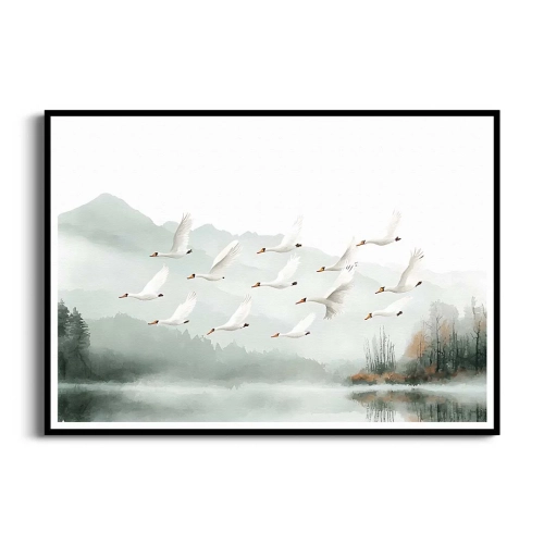 plakat-czarna-ramka-przod-labedzie-nad-jeziorem.webp