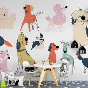 Fototapeta na wymiar do pokoju dziecka: Zabawne Psiaki i Pieski – Kolorowa Sypialnia dla chłopca i dziewczynki, Styl Nowoczesny i Skandynawski, Biała