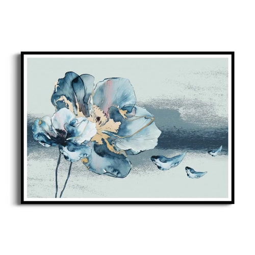 plakat-czarna-ramka-przod-kwiat-akwarela-blekitno-zloty-motyw.webp