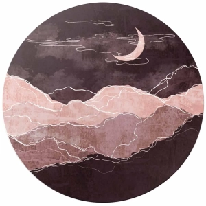 Fototapeta okrągła - Szczyty górskie nocą – artystyczny krajobraz gór z księżycem w odcieniach brązu do salonu, sypialni lub biura