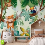 Fototapeta - Zielona dżungla tygrys małpka do pokoju chłopca dziewczynki na wymiar, styl nowoczesny skandynawski