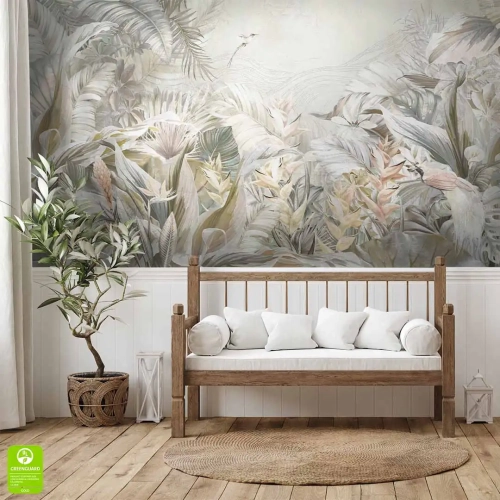 Aranżacja salonu z fototapetą na wymiar – tropikalne liście i ptaki, styl boho w pastelowej kolorystyce