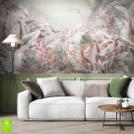 Fototapeta na wymiar – Pastelowa Tropikalna Dżungla z Egzotycznymi Liśćmi i Ptakami, Styl Boho, Do Salonu lub Sypialni