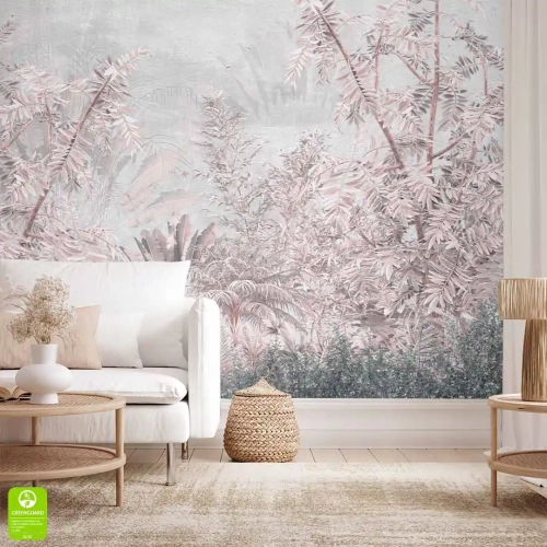 Tapeta ścienna w pastelowej palecie z roślinnym motywem i efektem vintage, aranżacja w strefie wypoczynkowej z białą sofą