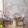 Fototapeta na wymiar w pastelowych odcieniach różu i szarości z efektem vintage, aranżacja z okrągłym stołem i tapicerowanymi krzesłami w jasnym wnętrzu
