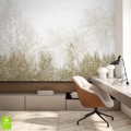 Nowoczesna tapeta ścienna z delikatnym motywem roślinnym w odcieniach beżu, aranżacja w domowym biurze