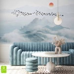 Fototapeta na wymiar pejzaż górski z mgłą i ptakami – nowoczesna tapeta ścienna do salonu, sypialni i biura w stylu minimalistycznym