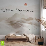 Fototapeta na wymiar pejzaż górski w odcieniach beżu z mgłą i ptakami – nowoczesna tapeta ścienna do salonu, sypialni i biura