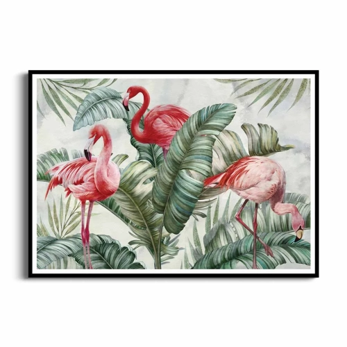plakat-czarna-ramka-przod-flamingi-w-zielonych-lisciach.webp