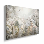 Obraz na płótnie - Tropikalna Dżungla w Pastelach – Egzotyczne Liście i Ptaki, Styl Boho, Do Sypialni lub Salonu