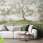 Fototapeta na wymiar orientalny pejzaż z drzewem i ptakami – artystyczna tapeta ścienna do salonu, sypialni i gabinetu