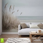 Fototapeta na wymiar plaża z trawami – spokojny pejzaż morski do salonu, sypialni i biura