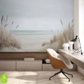 Fototapeta plaża z trawami, nowoczesny gabinet z biurkiem i eleganckim krzesłem