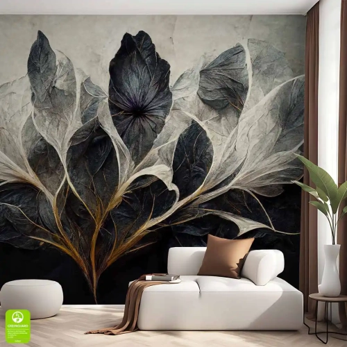 Fototapeta do salonu przedstawiająca abstrakcyjny rozkwitający kwiat w ciemnych barwach, idealna do eleganckich wnętrz