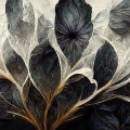 Zbliżenie na detal tapety ściennej – struktura i faktura abstrakcyjnych liści i kwiatów w ciemnych barwach