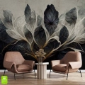 Tapeta ścienna na wymiar z artystycznym wzorem kwiatów w odcieniach czerni, szarości i złota, pasująca do salonu lub sypialni