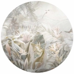 Fototapeta okrągła - Tropikalna Dżungla w Pastelach II – Egzotyczne Liście i Ptaki, Styl Boho, Do Sypialni lub Salonu