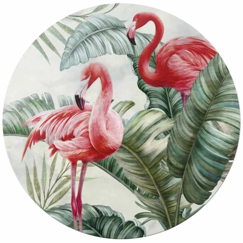 Fototapeta-okragla- flamingi-w-zielonych-lisciach.webp