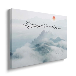 Obraz na płótnie - Pejzaż górski z mgłą i ptakami w stylu minimalistycznym