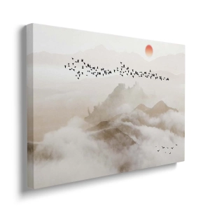 Obraz na płótnie - Pejzaż górski w odcieniach beżu z mgłą i ptakami