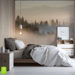 Fototapeta na wymiar Zamglony Las i Góry – Widok, Pejzaż, Krajobraz Las we Mgle, Tapeta Ścienna do Wnętrz