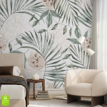 Fototapeta na wymiar Liście i Kwiaty Tropikalne – Tapeta Ścienna Roślinna, Nowoczesny Wzór