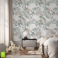 Tapeta ścienna Liście i Kwiaty Tropikalne w jasnej sypialni