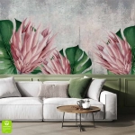 Fototapeta na wymiar - Botaniczny motyw z różowych kwiatów i tropikalnych liści do salonu, jadalni czy sypialni