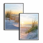 Zestaw plakatów -  Zachód słońca nad morzem - pejzaż z wydmami i trawami w stylu skandynawskim i boho do salonu, sypialni lub łazienki