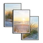 Zestaw plakatów - Zachód słońca nad morzem - pejzaż z wydmami i trawami w stylu skandynawskim i boho do salonu, sypialni lub łazienki  - tryptyk