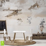 Fototapeta na wymiar: Samoloty i Zwierzęta (Słoń, Małpka, Panda) – Styl Skandynawski i Vintage, Pokój dziecka i sypialnia malucha, Ciepła Beżowa, Ilustrowana dekoracja XXL