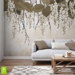 Fototapeta 3D na wymiar Wiszące Kwiaty Glicynii, Brązowe Liście do Salonu i Sypialni