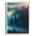 plakat-złota-ramka-przod-mglisty-las-w-gorach.webp