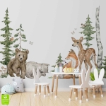 Fototapeta na wymiar: Leśne Zwierzęta (Sarenka, Niedźwiadek, Lis) – Styl Skandynawski i Boho, Pokój dziecka i sypialnia, Jasna Beżowo-Zielona, Akwarelowy las XXL